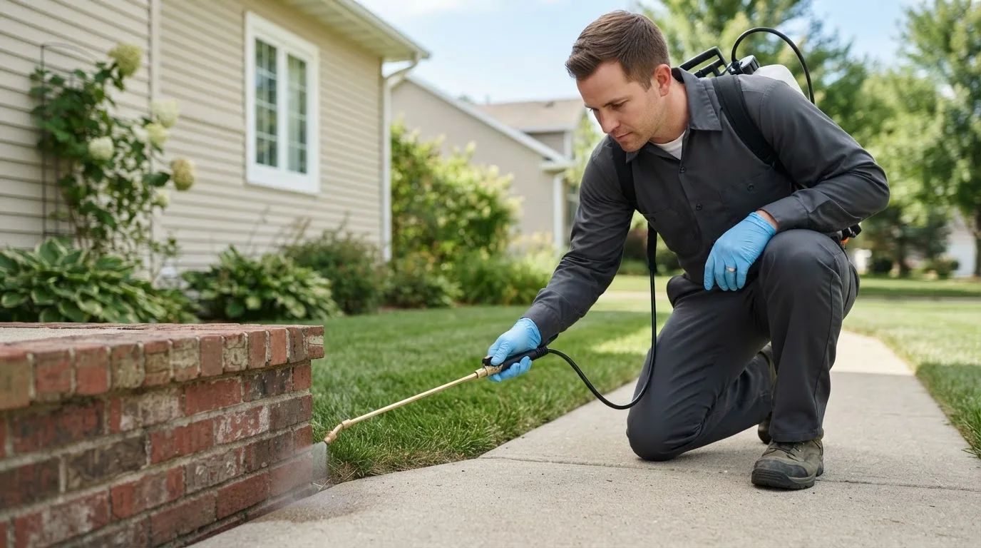 Pest control technician treating a home near Buhler, KS